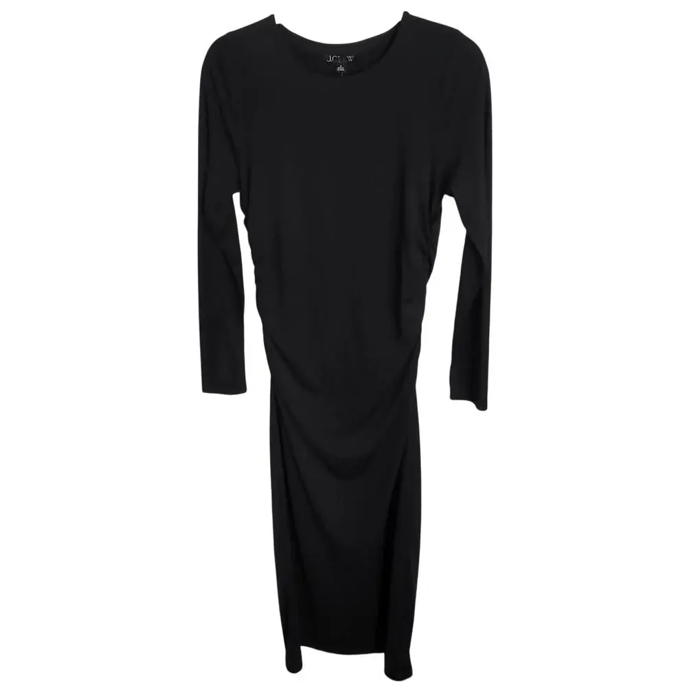 J. Crew Long Sleeve Sheath Midi Dress Jersey Crepe Black Ruched Stretch Medium
